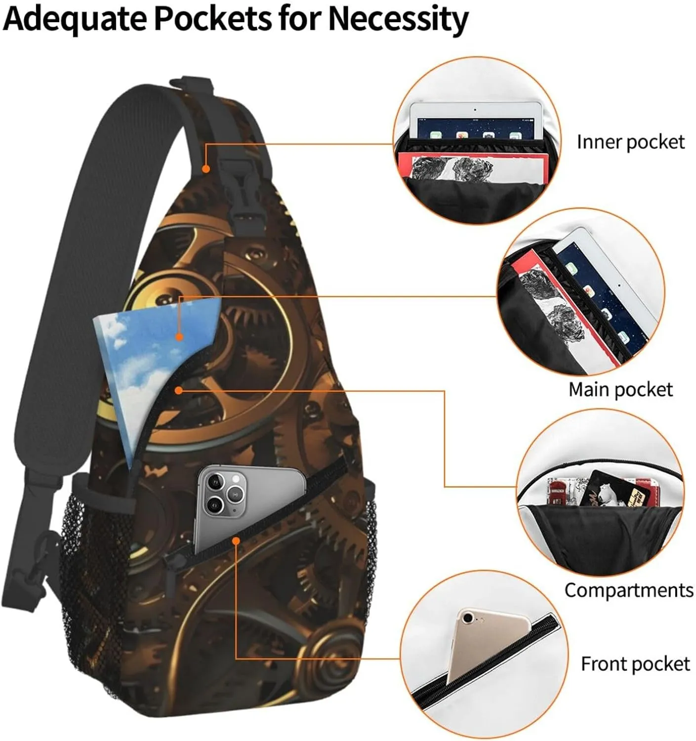 Crossbody Sling Backpack Sling Bag For Men Women Cross Chest Bag Shoulder Bag Cool Steampunk Gears Travel Hiking Daypack