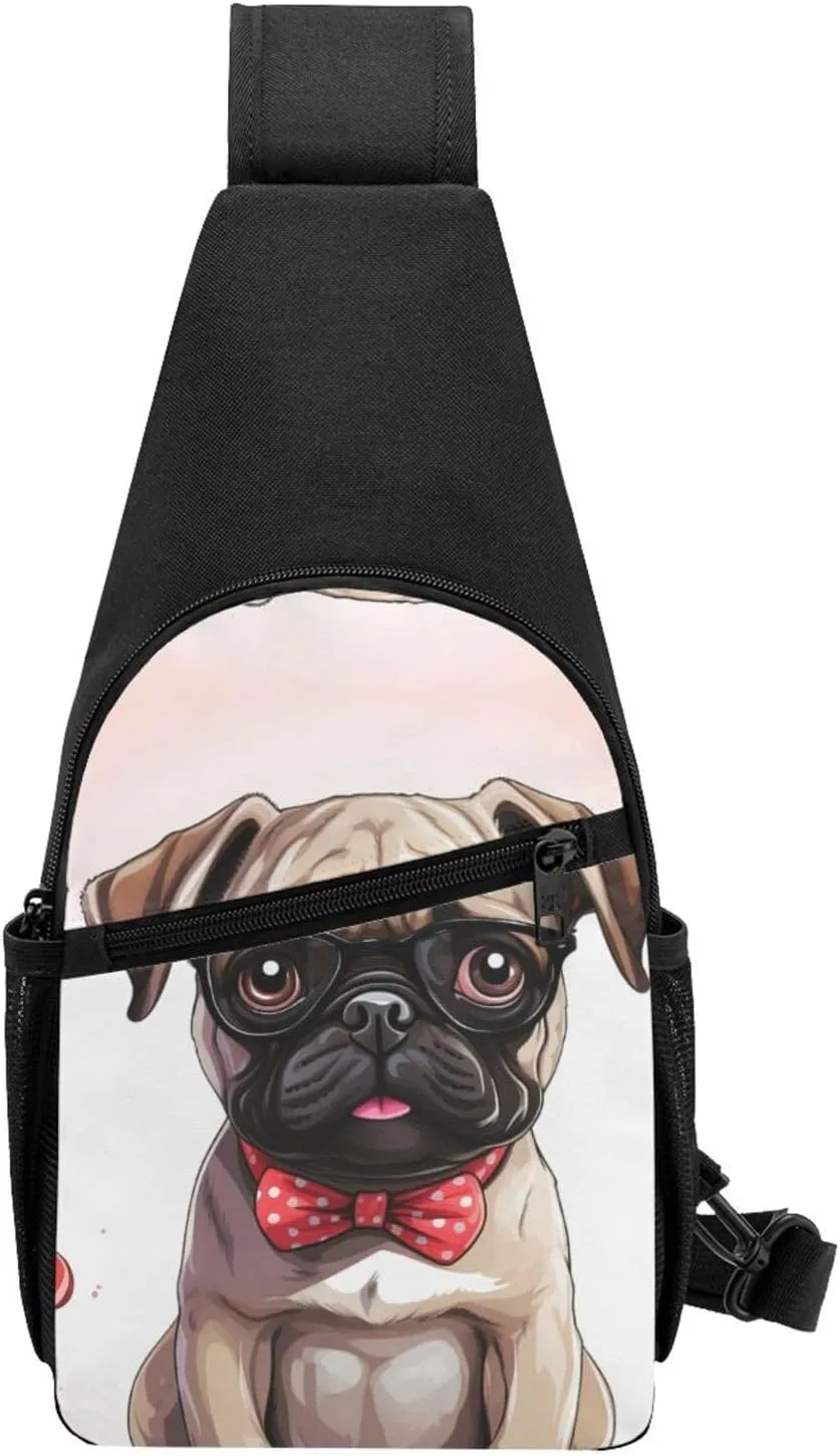 Crossbody Sling Backpack Sling Bag for Men Women Cross Chest Bag Shoulder Bag Cute pug puppy Travel Hiking Daypack