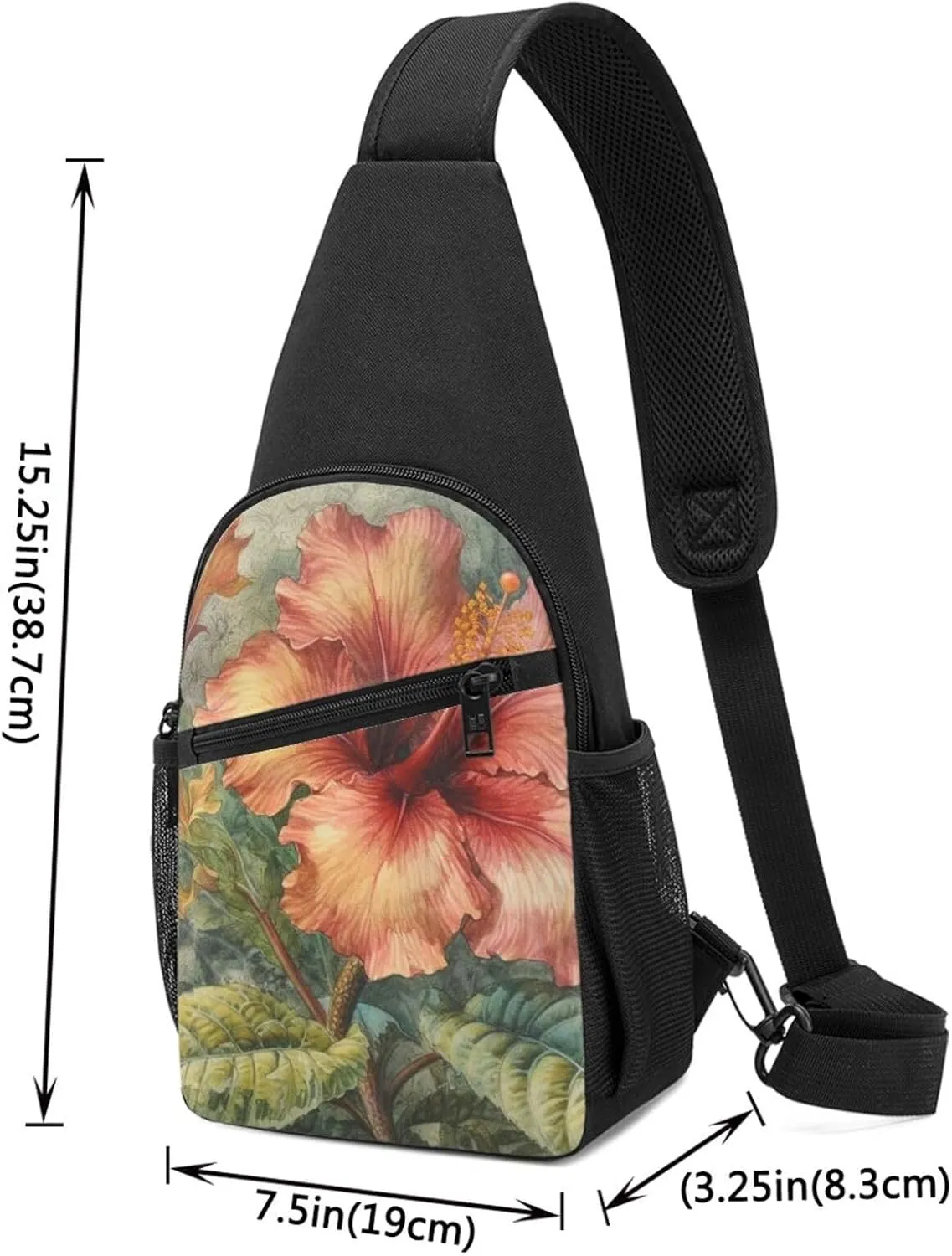 Crossbody Sling Backpack Sling Bag for Men Women Cross Chest Bag Shoulder Bag Depicting a hibiscus flower Travel Hiking Daypack