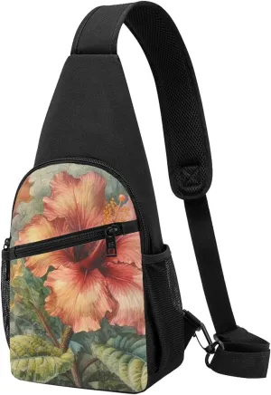 Crossbody Sling Backpack Sling Bag for Men Women Cross Chest Bag Shoulder Bag Depicting a hibiscus flower Travel Hiking Daypack