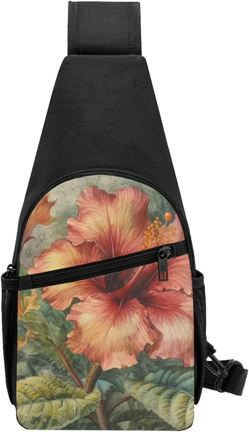 Crossbody Sling Backpack Sling Bag for Men Women Cross Chest Bag Shoulder Bag Depicting a hibiscus flower Travel Hiking Daypack