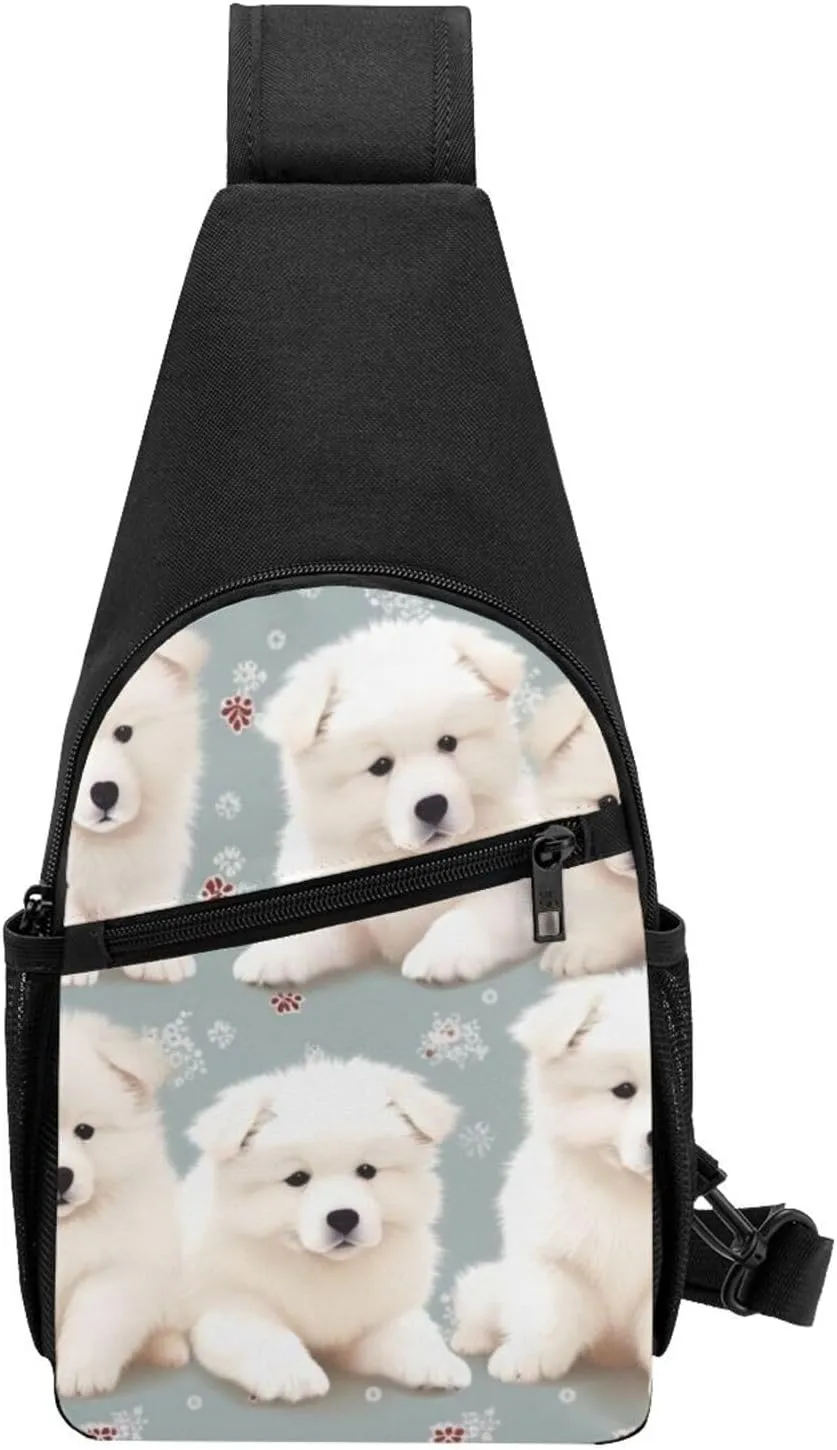 Crossbody Sling Backpack Sling Bag for Men Women Cross Chest Bag Shoulder Bag Little White Dogs Pattern Travel Hiking Daypack