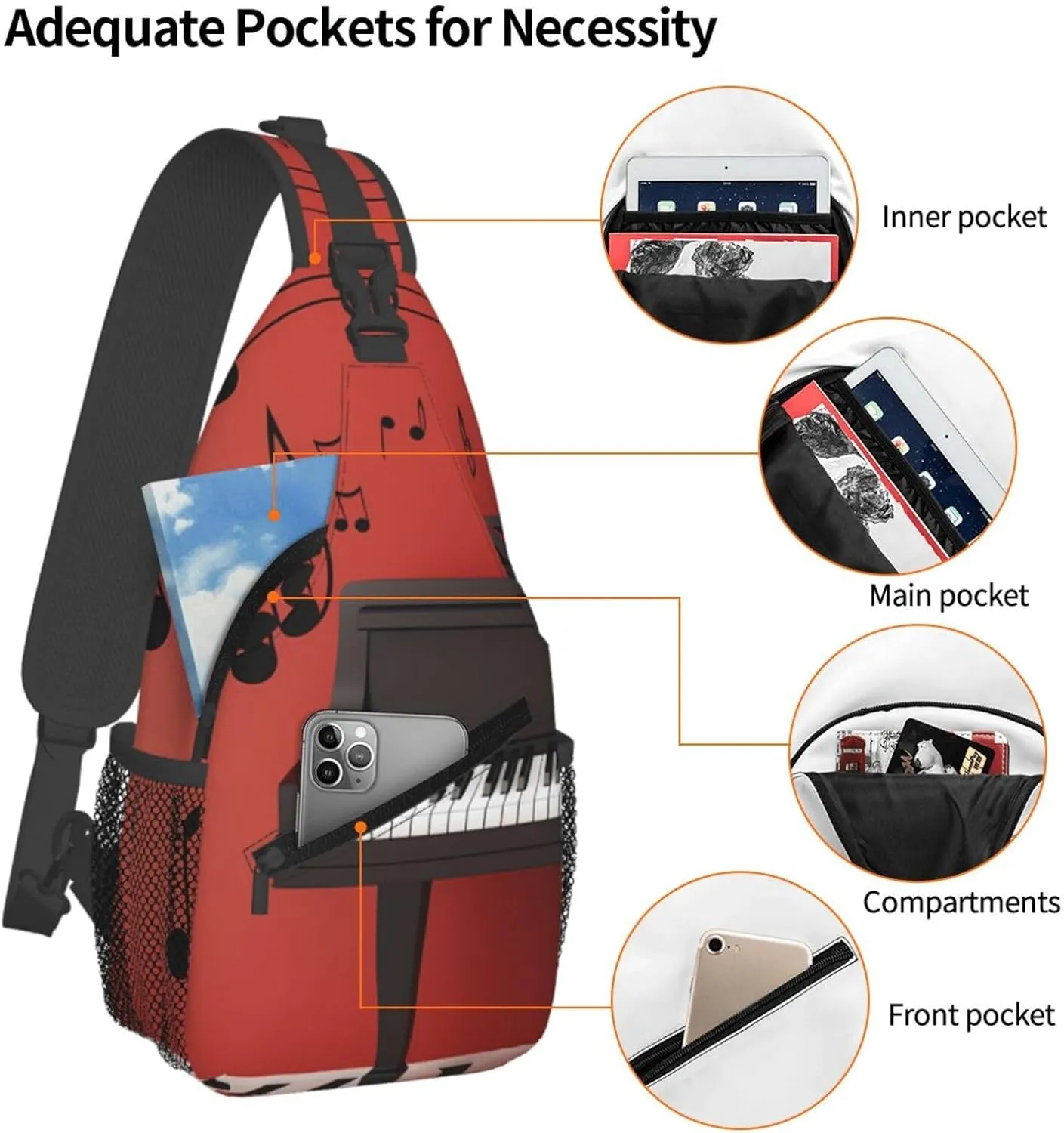 Crossbody Sling Backpack Sling Bag For Men Women Cross Chest Bag Shoulder Bag Music Note Piano Travel Hiking Daypack