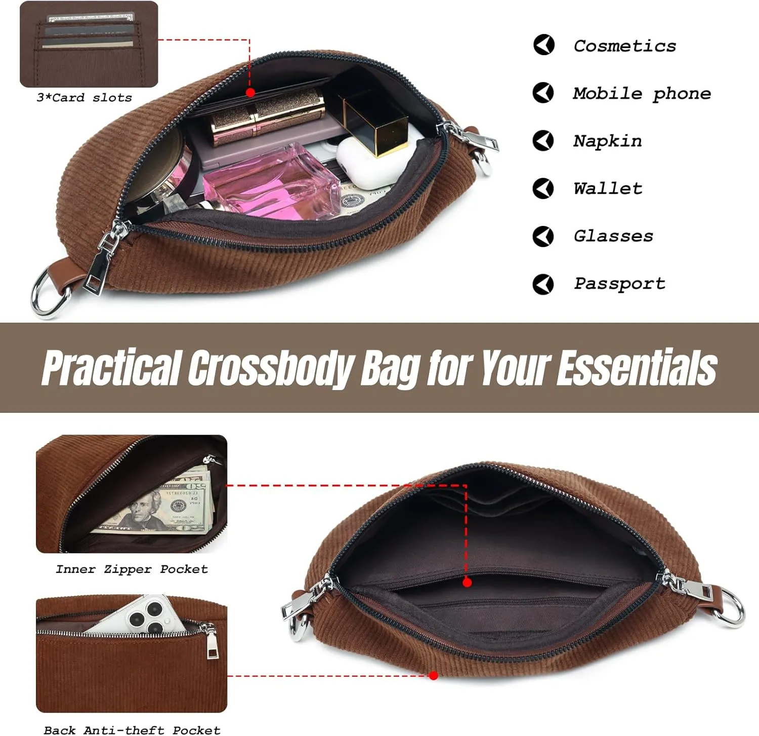 Crossbody Sling Bag Purse for Women - Small Chest Fanny Pack Trendy Travel Faux Leather Cross Body Bags with Adjustable Strap