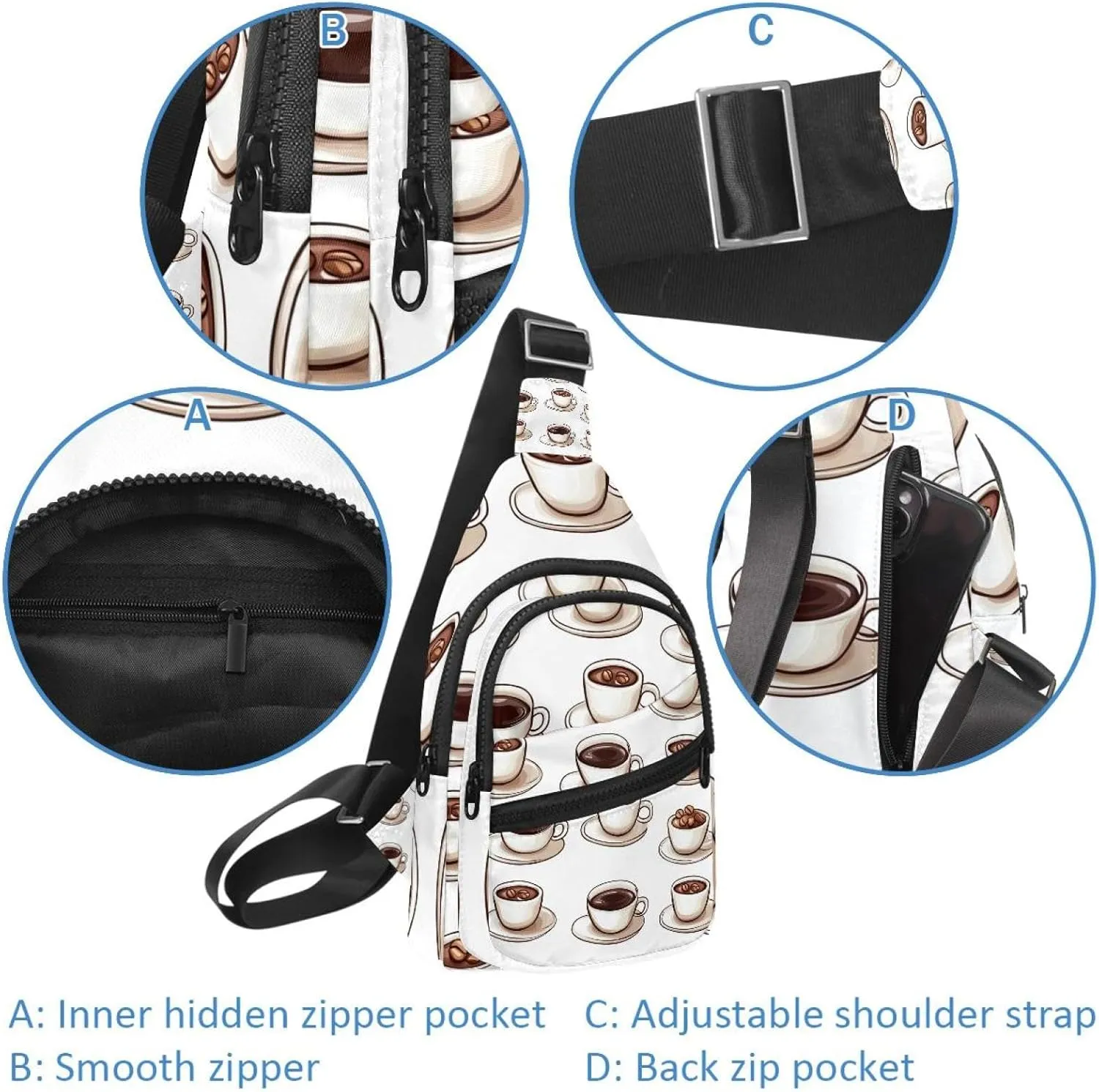 Crossbody Small Sling Bag Backpack for Women Men, Coffee Tables (3) Chest Daypack Crossbody Travel Sports Hiking