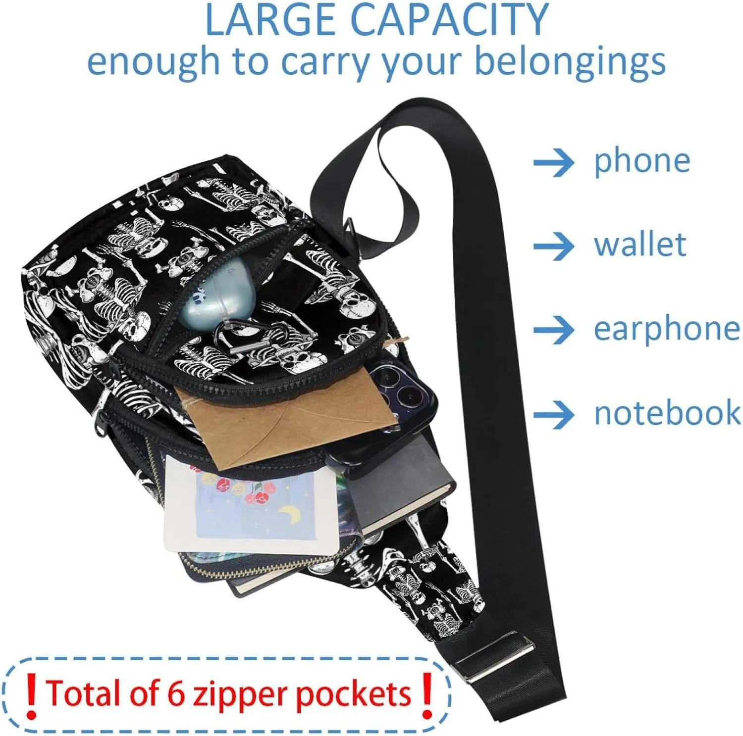 Crossbody Small Sling Bag Backpack for Women Men, Skeletons and Bones 3 Chest Daypack Crossbody Travel Sports Hiking