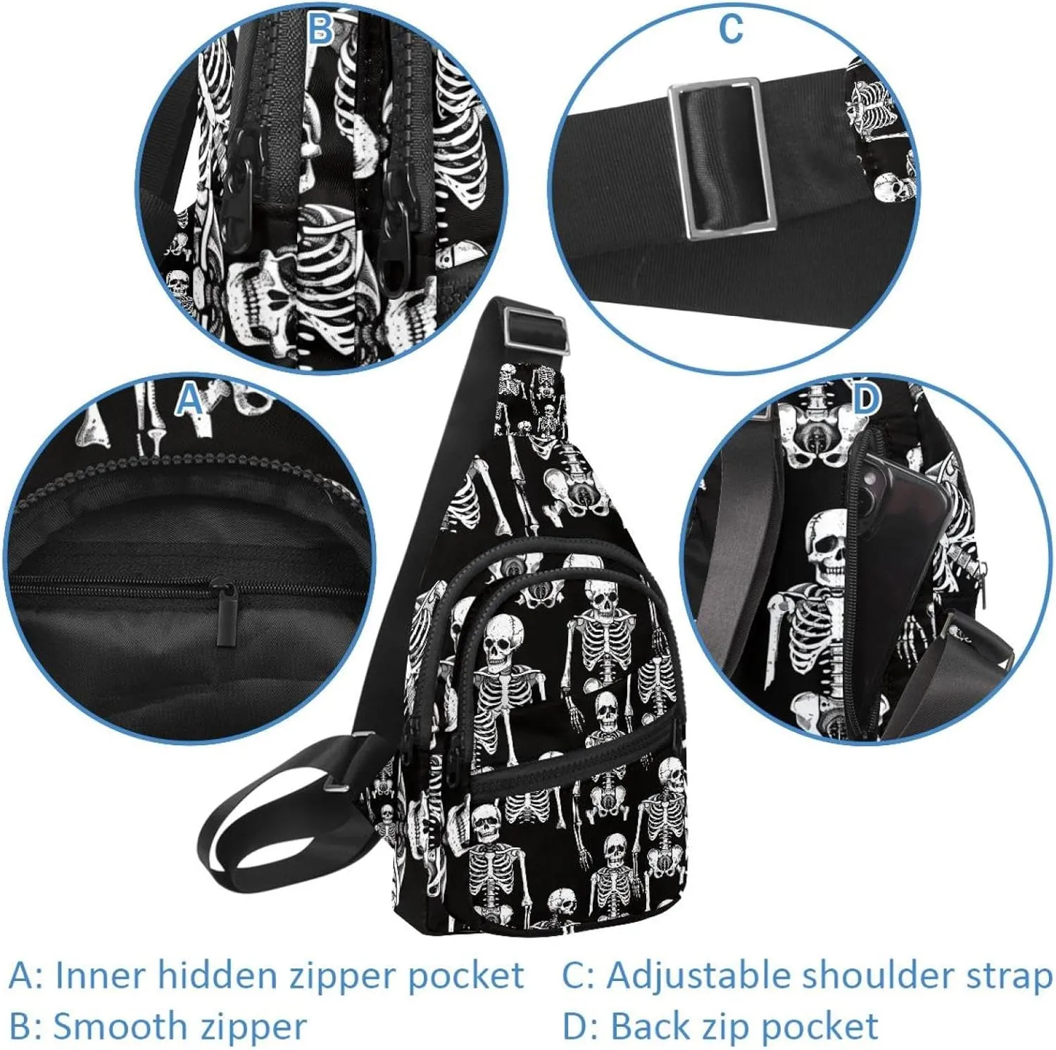 Crossbody Small Sling Bag Backpack for Women Men, Skeletons and Bones 3 Chest Daypack Crossbody Travel Sports Hiking