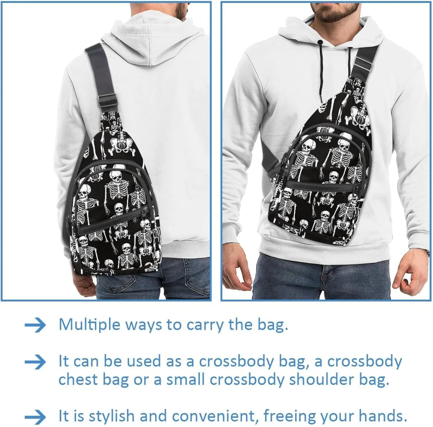 Crossbody Small Sling Bag Backpack for Women Men, Skeletons and Bones 3 Chest Daypack Crossbody Travel Sports Hiking