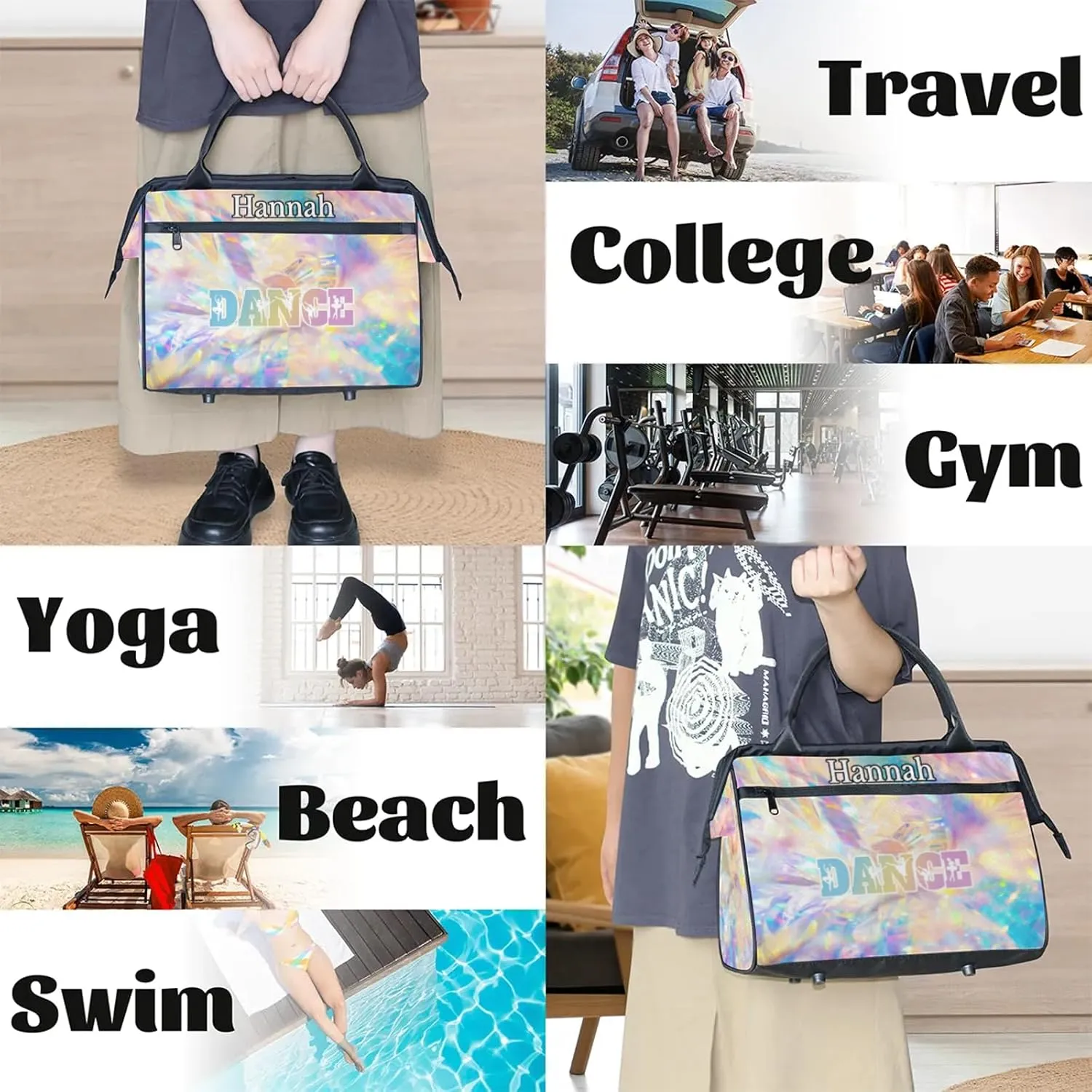 Custom Dance Duffel Bag with Name Personalized Sport Gym Bags Waterproof Customized Travel Duffel Bags Overnight Weekender Carry-On Tote 15.2in, Gold