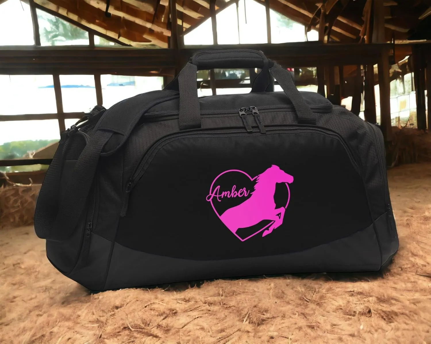 Custom Gym Duffle Bag with Shoe Compartment | Personalized Travel Duffle Bag for Men & Women | Large Sports Duffel Bag for Travel, Great for Storing Gear, Clothing, Modesto Horse Heart Black