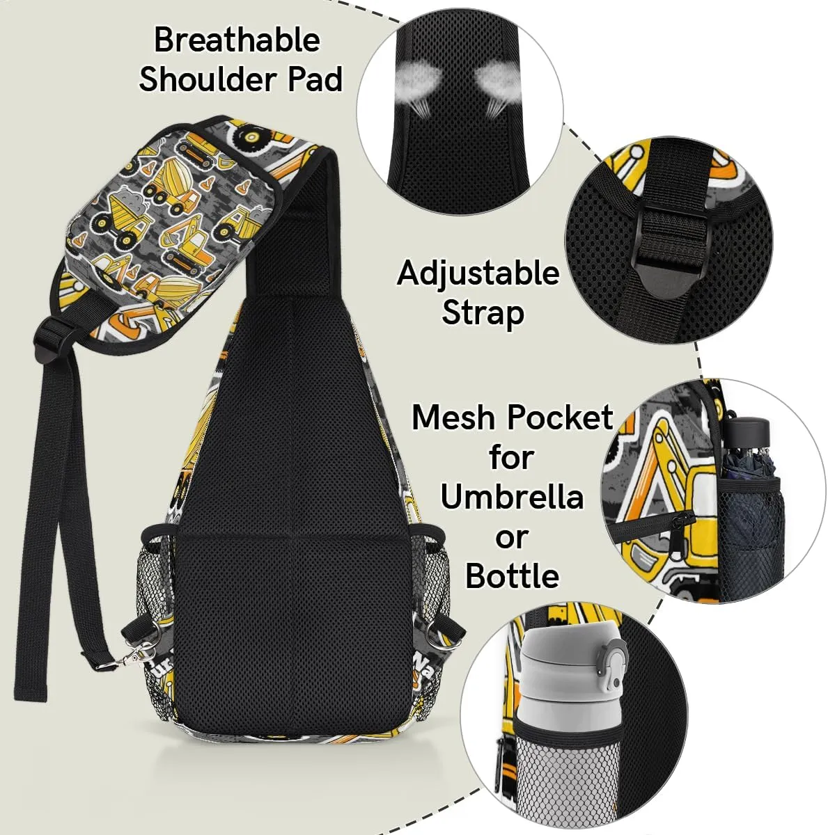 Custom Sling Bag With Name, Personalized Crossbody Shoulder Backpack for Men Women, Cartoon Truck Multipurpose Chest Pack,Leisure Sports Outdoor, Construction Cars