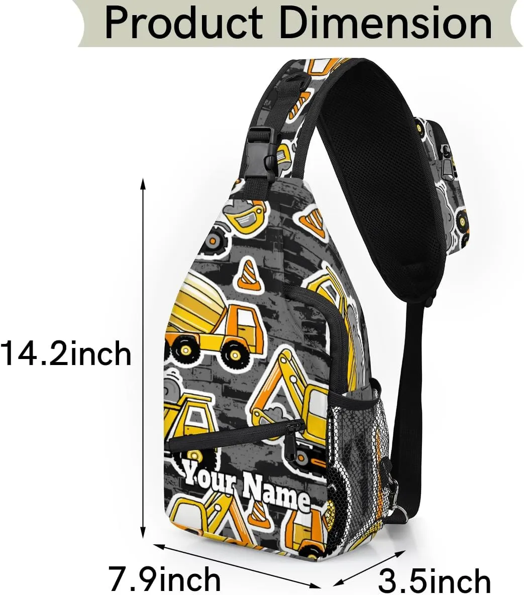 Custom Sling Bag With Name, Personalized Crossbody Shoulder Backpack for Men Women, Cartoon Truck Multipurpose Chest Pack,Leisure Sports Outdoor, Construction Cars