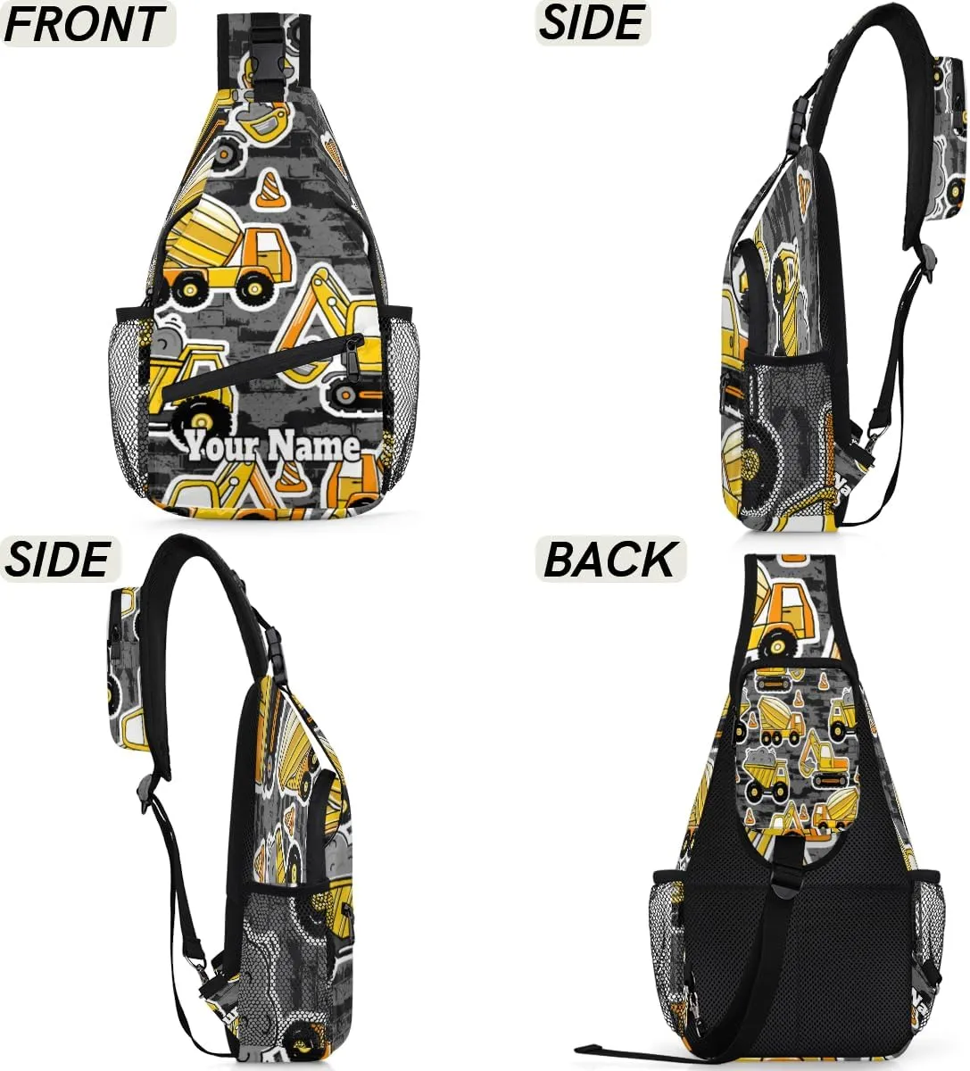 Custom Sling Bag With Name, Personalized Crossbody Shoulder Backpack for Men Women, Cartoon Truck Multipurpose Chest Pack,Leisure Sports Outdoor, Construction Cars