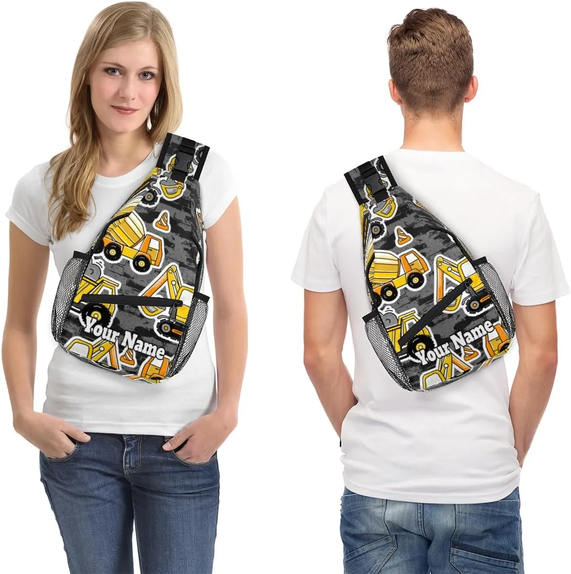 Custom Sling Bag With Name, Personalized Crossbody Shoulder Backpack for Men Women, Cartoon Truck Multipurpose Chest Pack,Leisure Sports Outdoor, Construction Cars