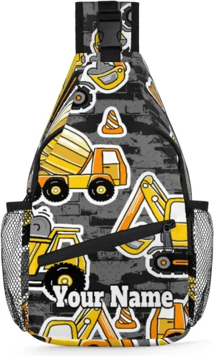 Custom Sling Bag With Name, Personalized Crossbody Shoulder Backpack for Men Women, Cartoon Truck Multipurpose Chest Pack,Leisure Sports Outdoor, Construction Cars