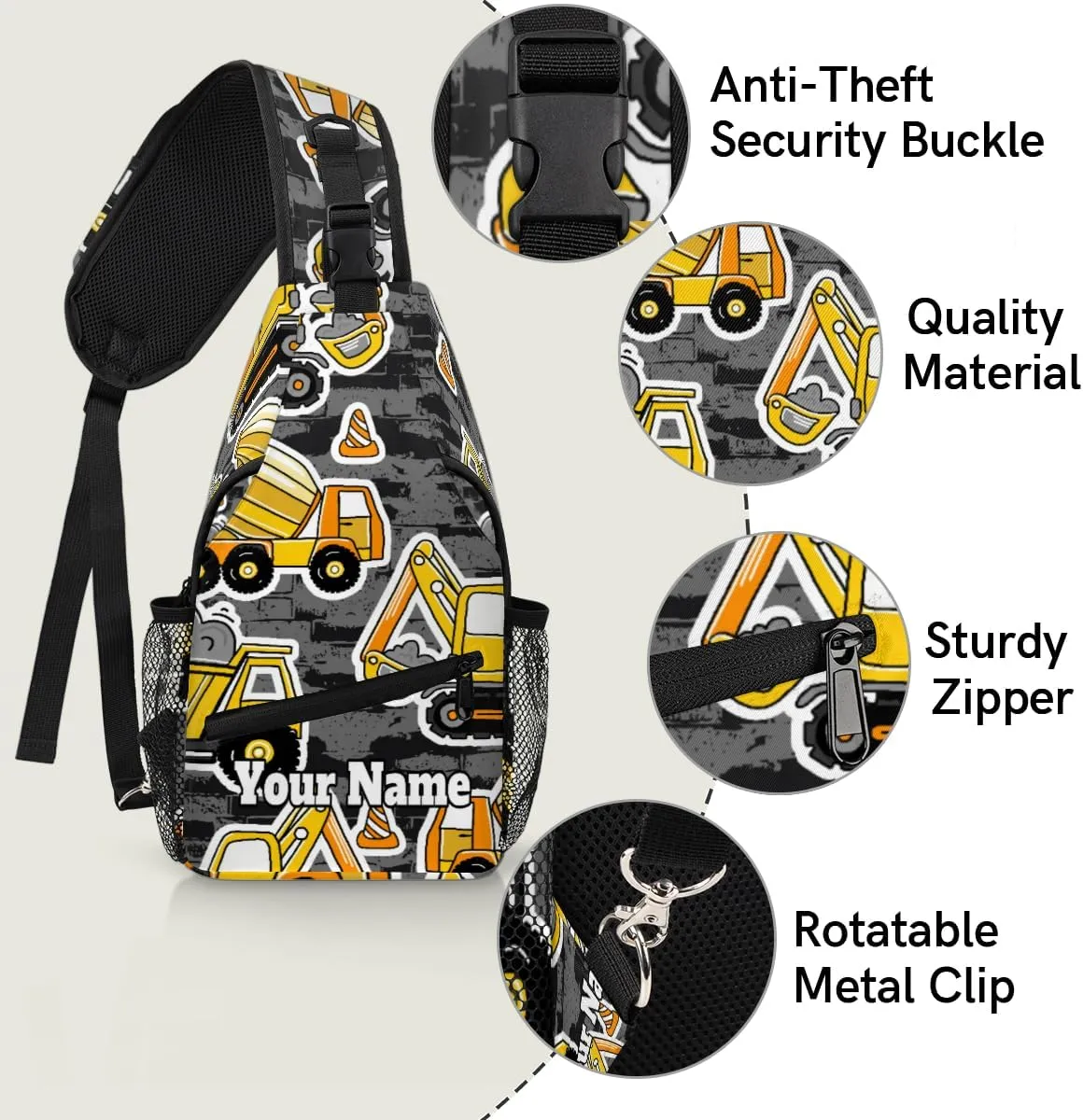 Custom Sling Bag With Name, Personalized Crossbody Shoulder Backpack for Men Women, Cartoon Truck Multipurpose Chest Pack,Leisure Sports Outdoor, Construction Cars