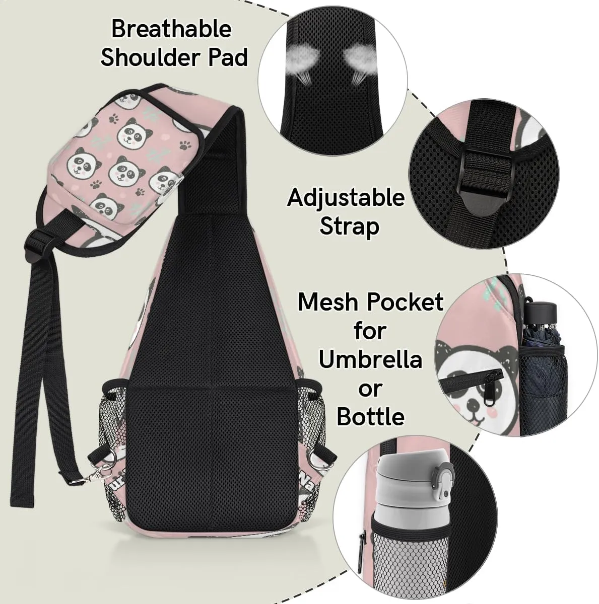 Custom Sling Bag With Name, Personalized Crossbody Shoulder Backpack for Men Women, Panda Multipurpose Chest Pack,Leisure Sports Outdoor, Cute Panda