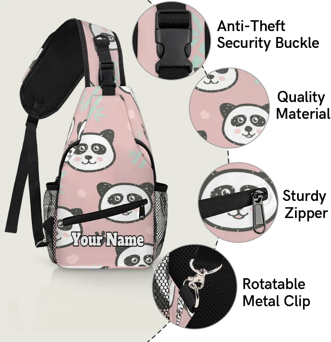 Custom Sling Bag With Name, Personalized Crossbody Shoulder Backpack for Men Women, Panda Multipurpose Chest Pack,Leisure Sports Outdoor, Cute Panda