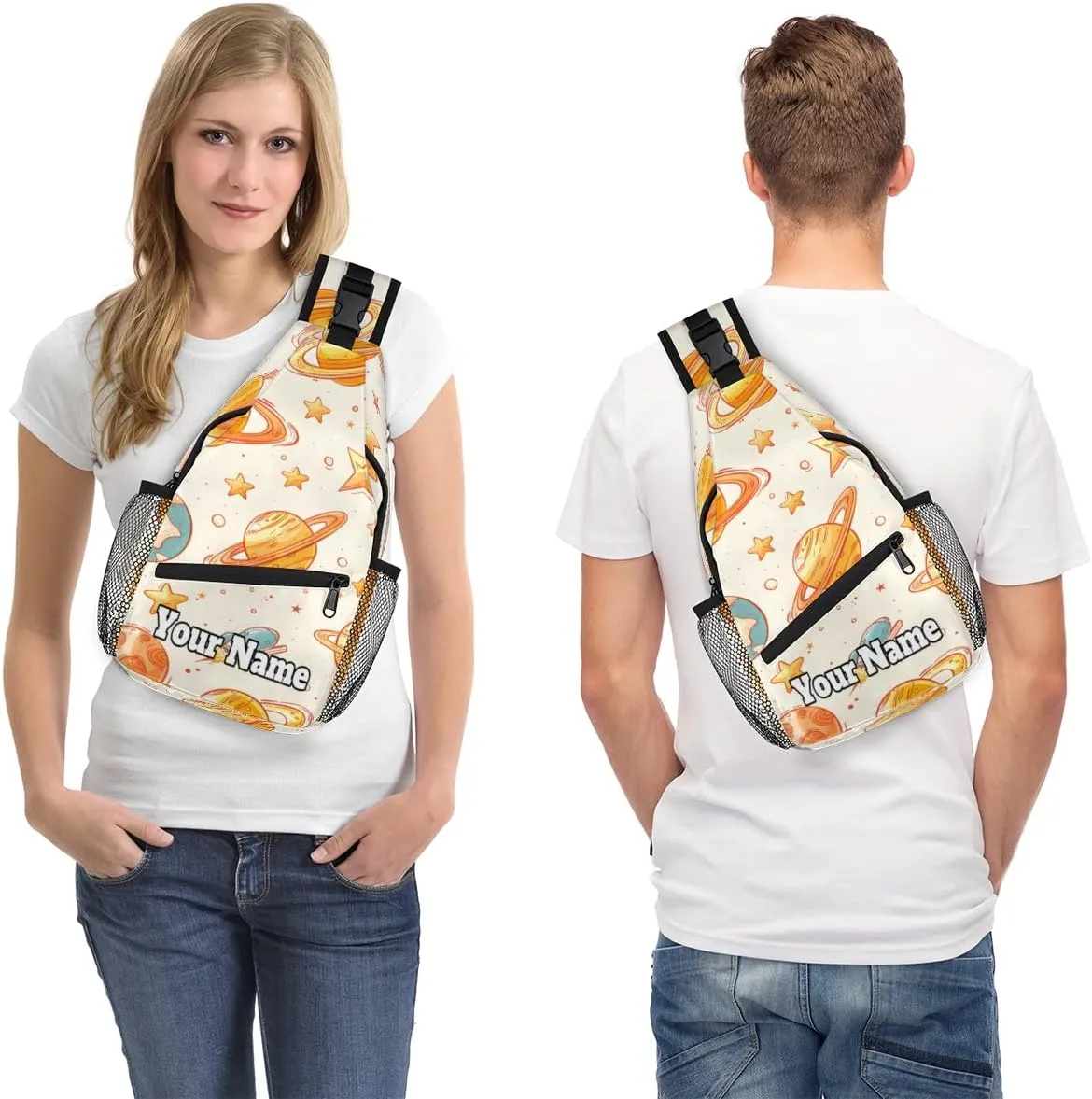 Custom Sling Bag With Name, Personalized Crossbody Shoulder Backpack for Men Women, Starry Sky Multipurpose Chest Pack,Leisure Sports Outdoor, Space Rocket Planet