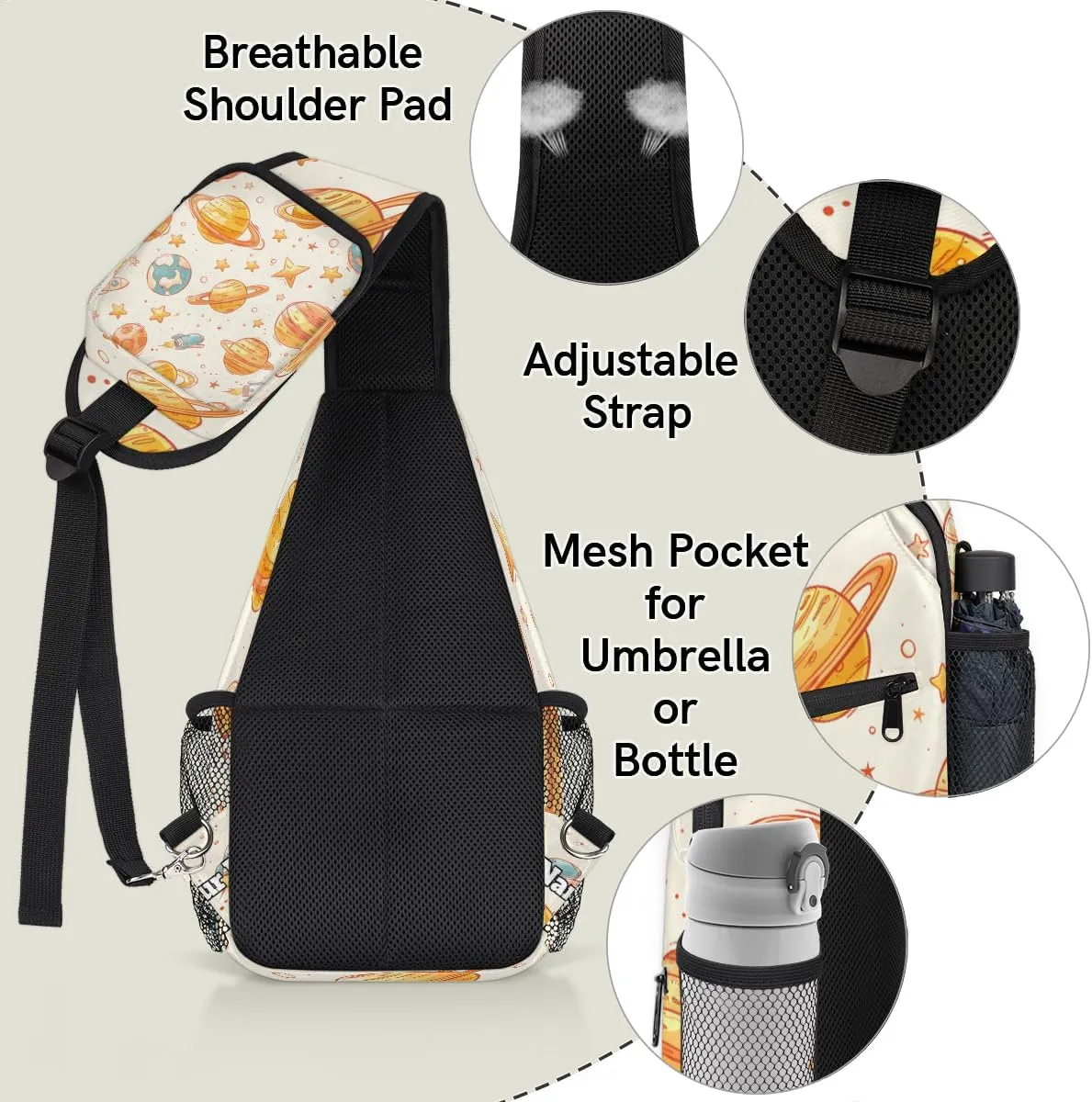 Custom Sling Bag With Name, Personalized Crossbody Shoulder Backpack for Men Women, Starry Sky Multipurpose Chest Pack,Leisure Sports Outdoor, Space Rocket Planet