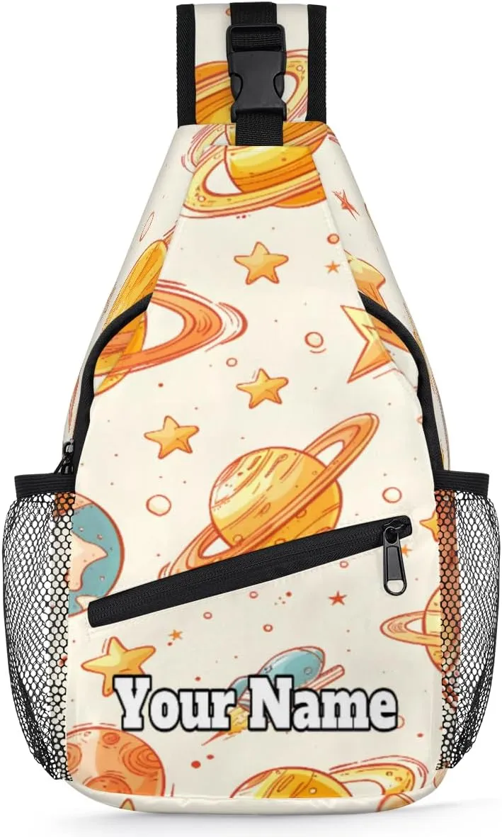 Custom Sling Bag With Name, Personalized Crossbody Shoulder Backpack for Men Women, Starry Sky Multipurpose Chest Pack,Leisure Sports Outdoor, Space Rocket Planet