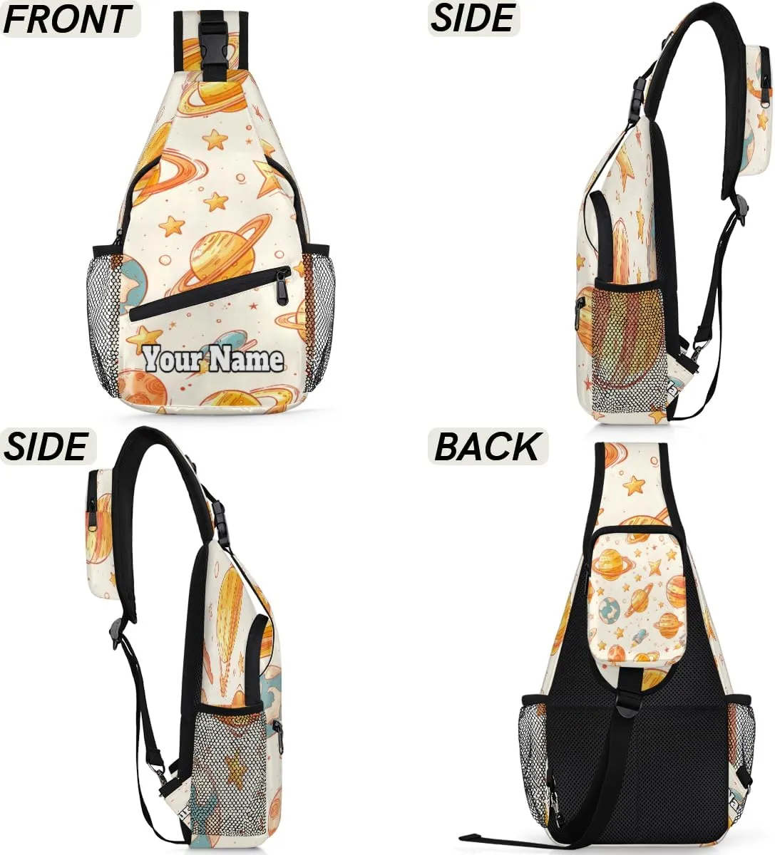 Custom Sling Bag With Name, Personalized Crossbody Shoulder Backpack for Men Women, Starry Sky Multipurpose Chest Pack,Leisure Sports Outdoor, Space Rocket Planet