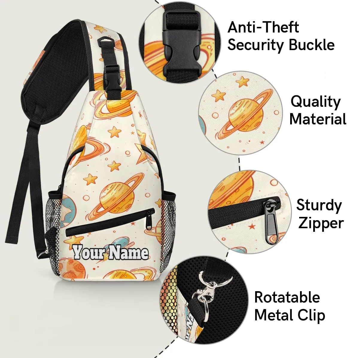Custom Sling Bag With Name, Personalized Crossbody Shoulder Backpack for Men Women, Starry Sky Multipurpose Chest Pack,Leisure Sports Outdoor, Space Rocket Planet