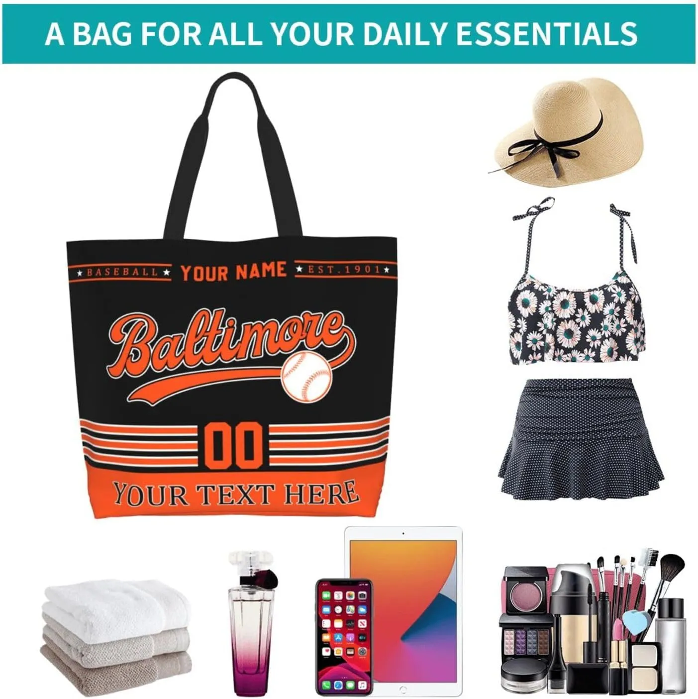 Custom Tote Bags Personalized Custom Baseball Shoulder Bag Shopping Tote Beach Travel Handbag for Women Fans Gift
