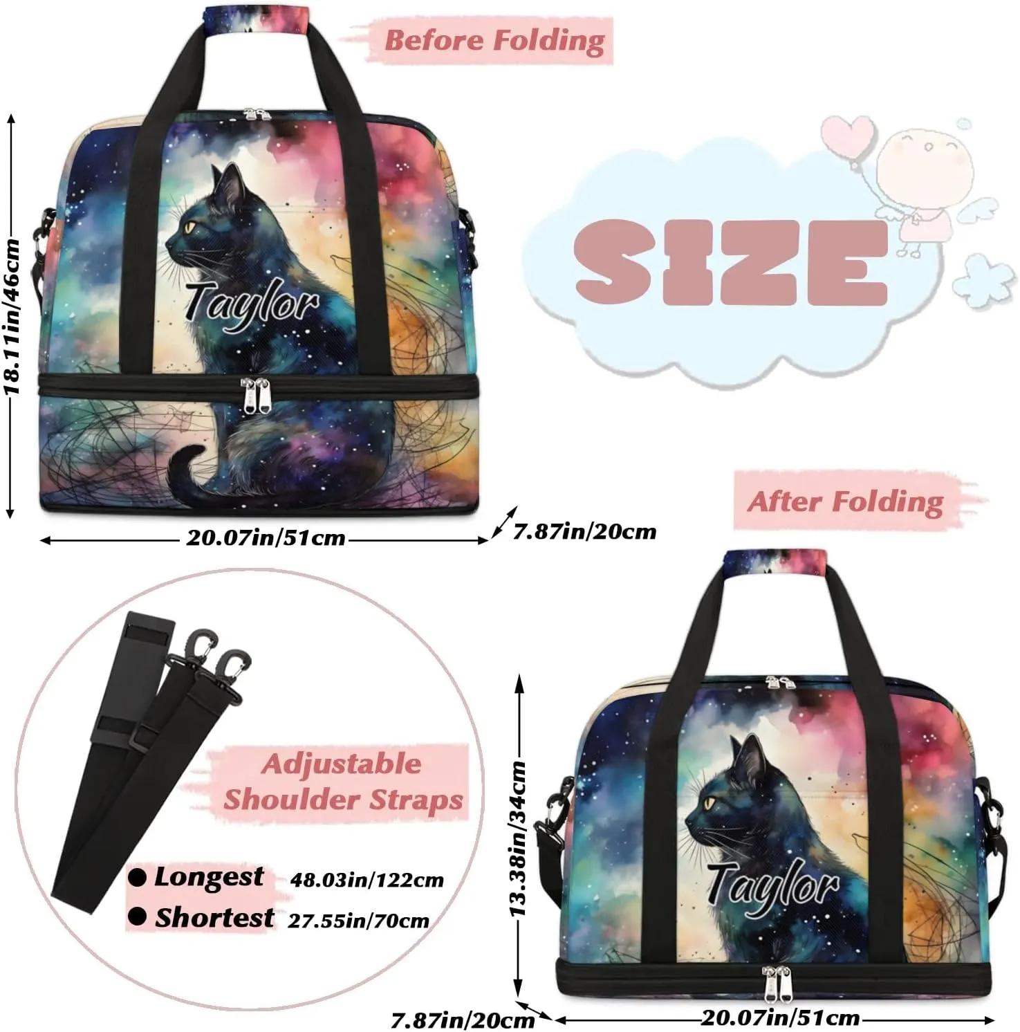 Customized Gym Bag for Women, Personalized Black Cat Travel Duffel Bag with Name, Cute Weekender Overnight Bag with Shoes Compartment for Men Travel Yoga