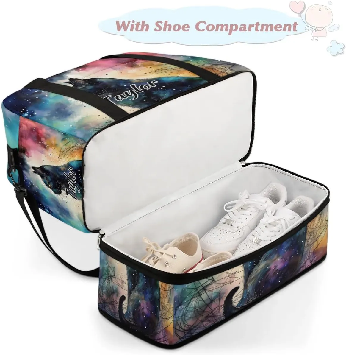 Customized Gym Bag for Women, Personalized Black Cat Travel Duffel Bag with Name, Cute Weekender Overnight Bag with Shoes Compartment for Men Travel Yoga