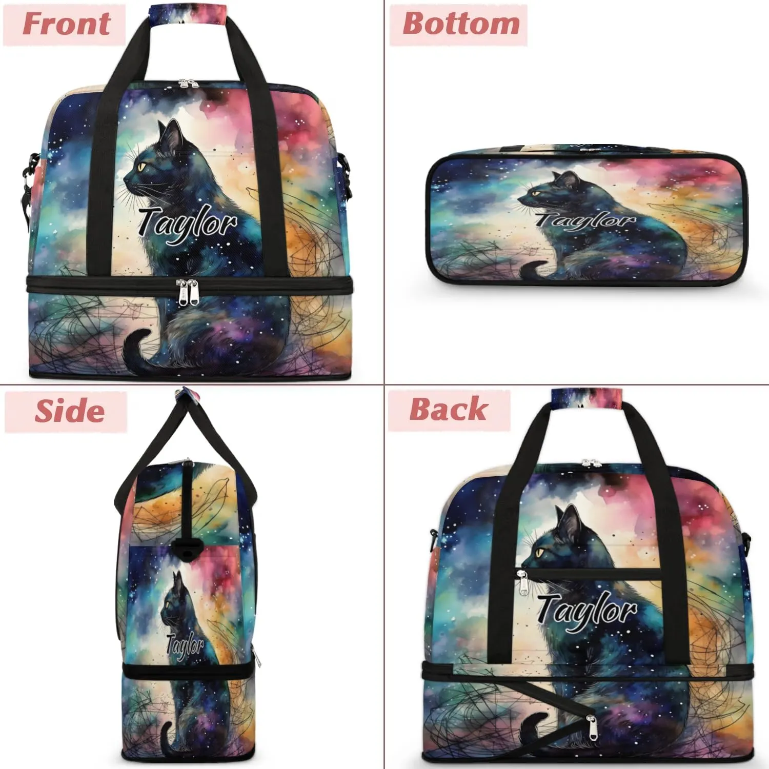 Customized Gym Bag for Women, Personalized Black Cat Travel Duffel Bag with Name, Cute Weekender Overnight Bag with Shoes Compartment for Men Travel Yoga