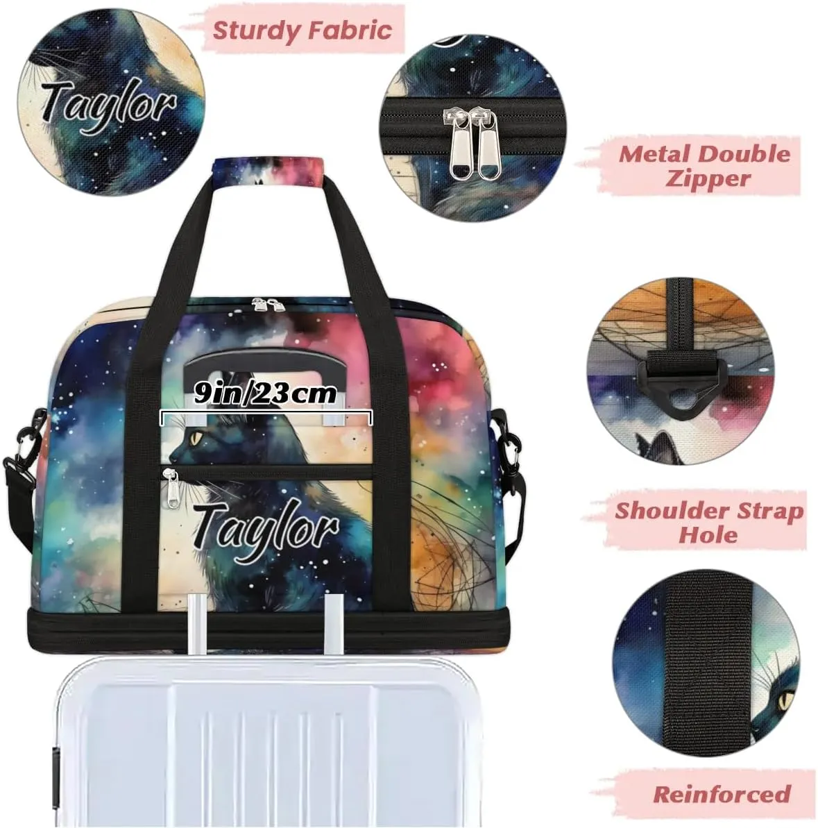 Customized Gym Bag for Women, Personalized Black Cat Travel Duffel Bag with Name, Cute Weekender Overnight Bag with Shoes Compartment for Men Travel Yoga