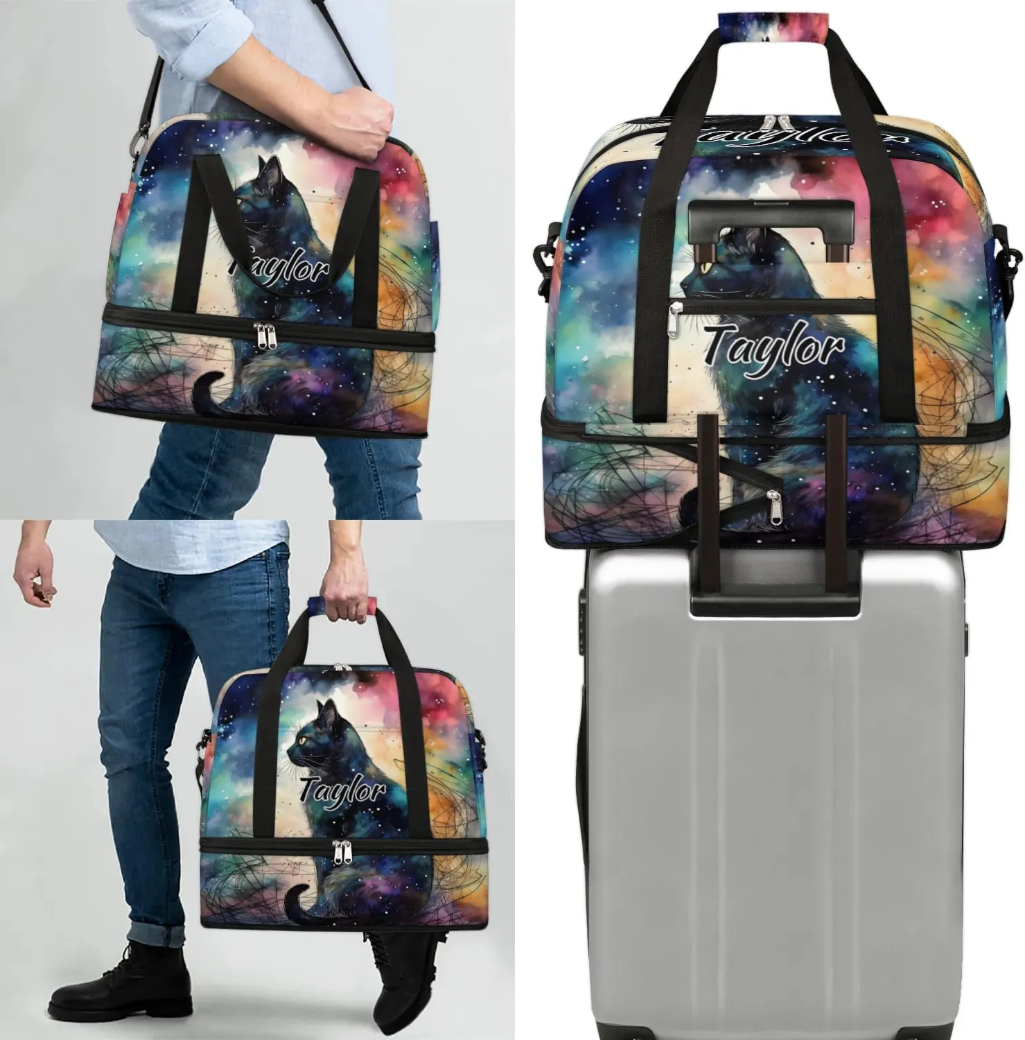 Customized Gym Bag for Women, Personalized Black Cat Travel Duffel Bag with Name, Cute Weekender Overnight Bag with Shoes Compartment for Men Travel Yoga