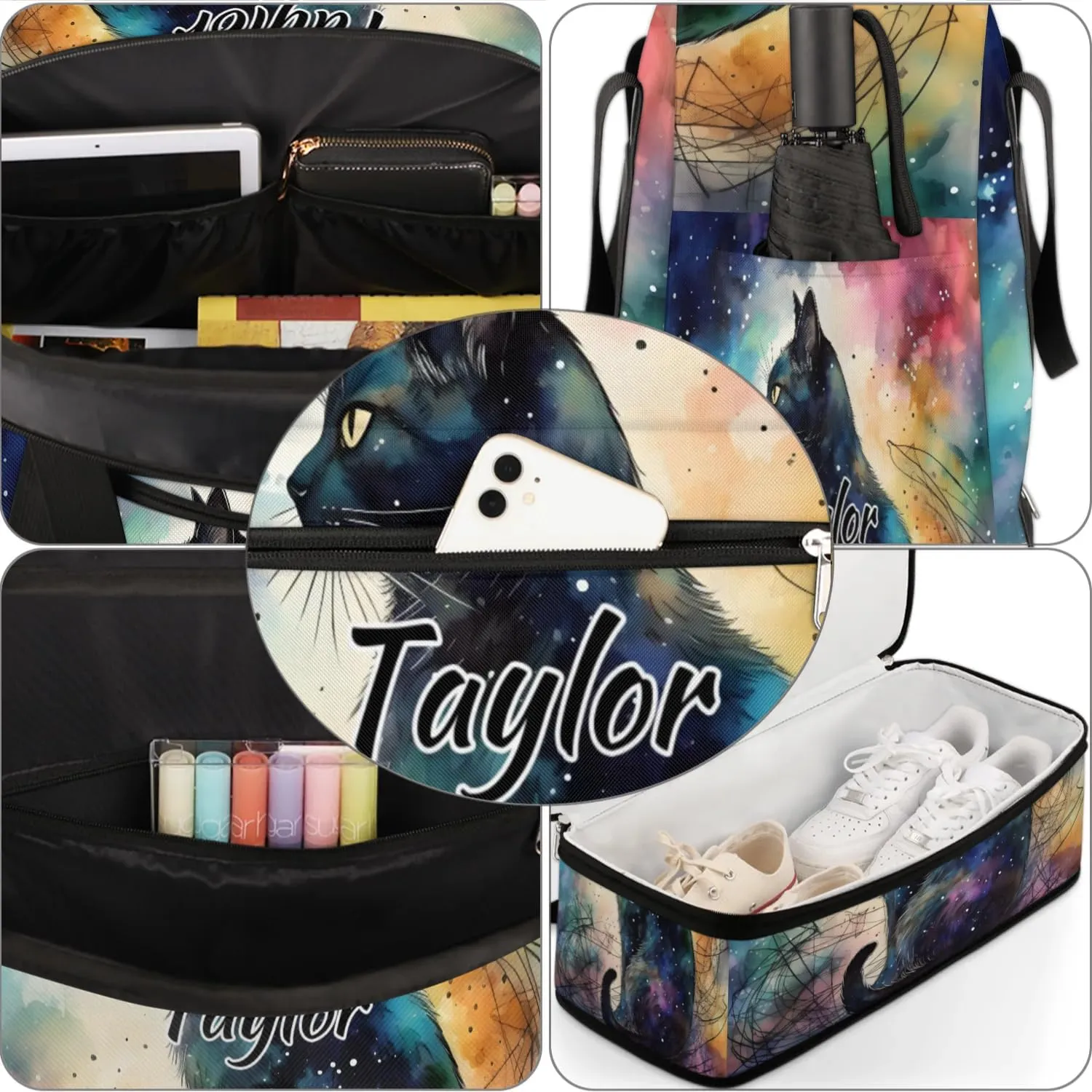 Customized Gym Bag for Women, Personalized Black Cat Travel Duffel Bag with Name, Cute Weekender Overnight Bag with Shoes Compartment for Men Travel Yoga