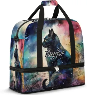 Customized Gym Bag for Women, Personalized Black Cat Travel Duffel Bag with Name, Cute Weekender Overnight Bag with Shoes Compartment for Men Travel Yoga