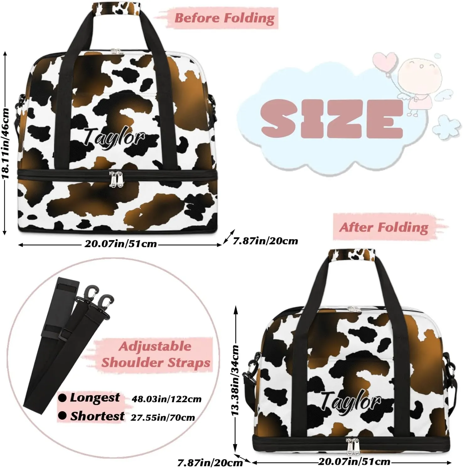 Customized Gym Bag for Women, Personalized Cow Print Travel Duffel Bag with Name, Animal Print Weekender Overnight Bag with Shoes Compartment for Men Travel Yoga