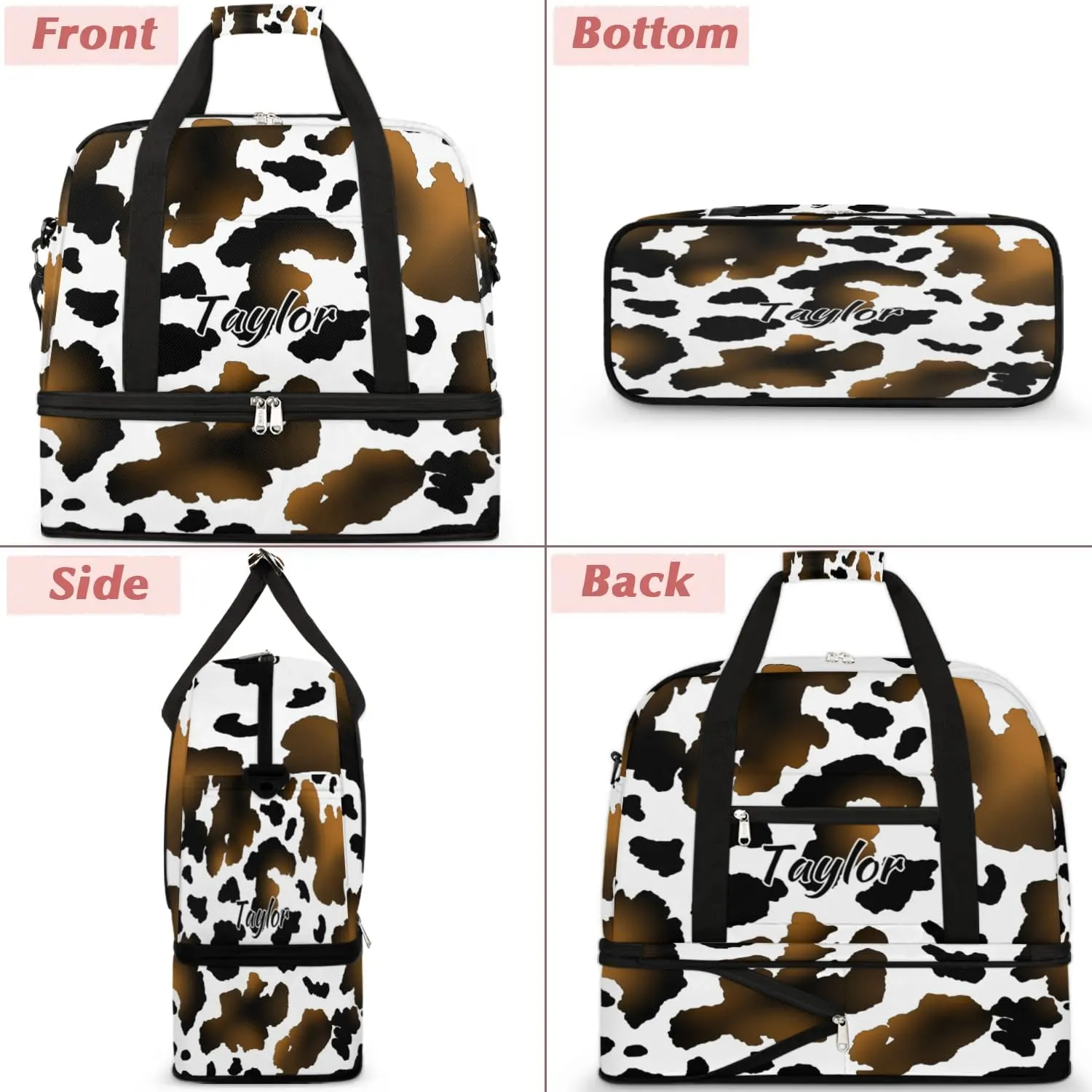 Customized Gym Bag for Women, Personalized Cow Print Travel Duffel Bag with Name, Animal Print Weekender Overnight Bag with Shoes Compartment for Men Travel Yoga