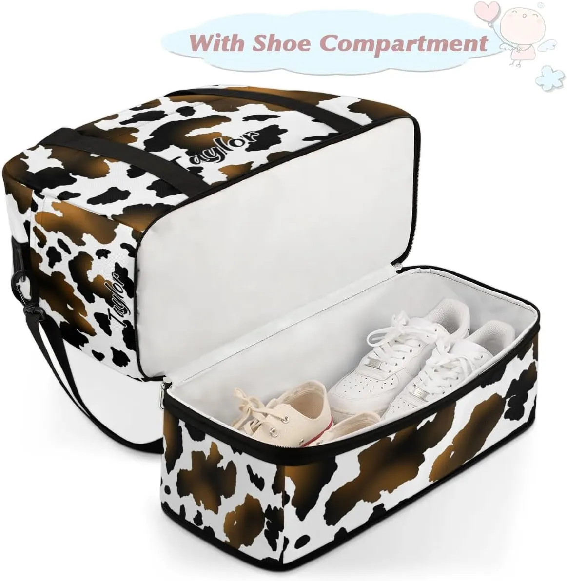 Customized Gym Bag for Women, Personalized Cow Print Travel Duffel Bag with Name, Animal Print Weekender Overnight Bag with Shoes Compartment for Men Travel Yoga