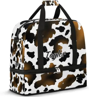 Customized Gym Bag for Women, Personalized Cow Print Travel Duffel Bag with Name, Animal Print Weekender Overnight Bag with Shoes Compartment for Men Travel Yoga