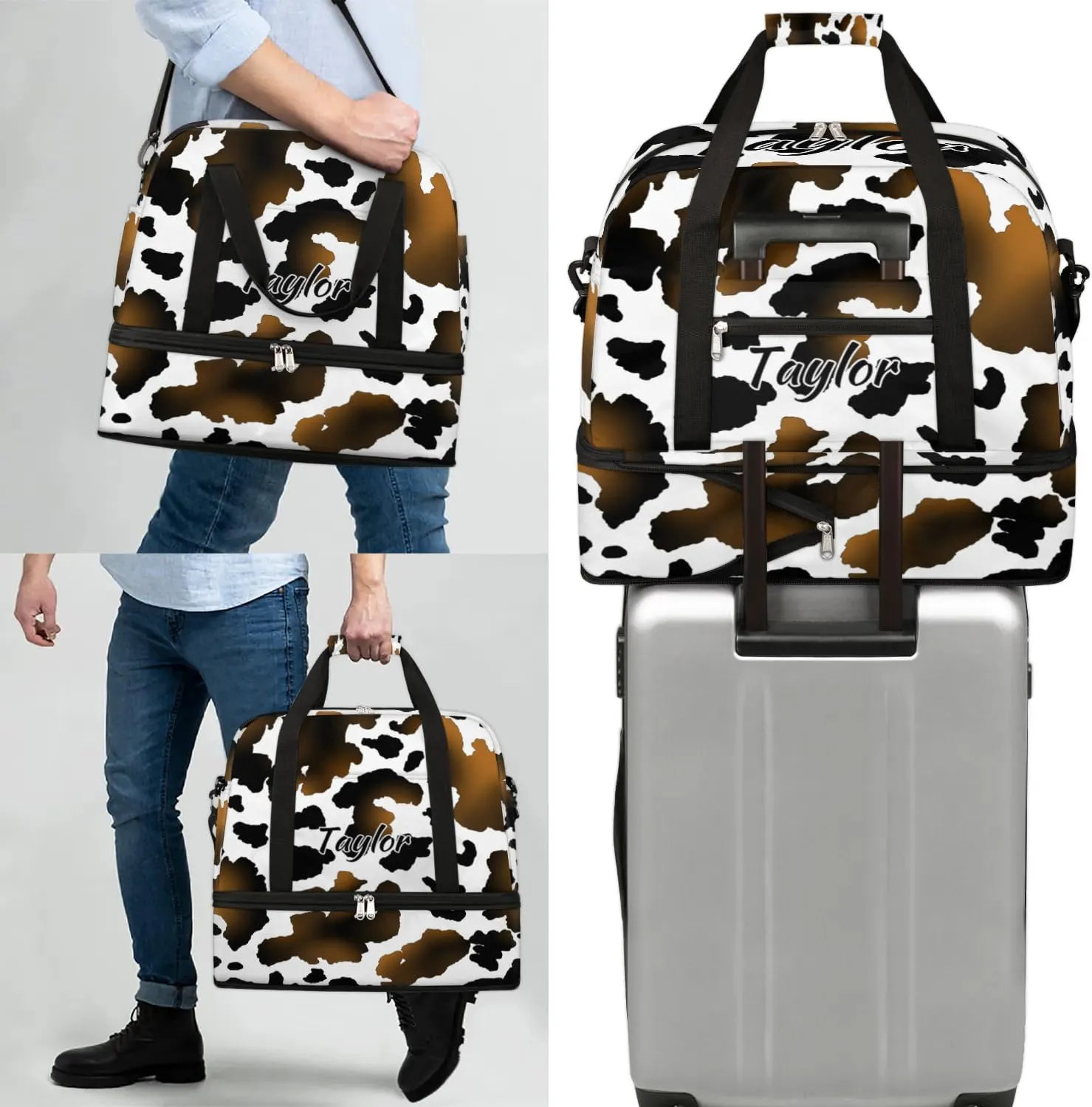 Customized Gym Bag for Women, Personalized Cow Print Travel Duffel Bag with Name, Animal Print Weekender Overnight Bag with Shoes Compartment for Men Travel Yoga