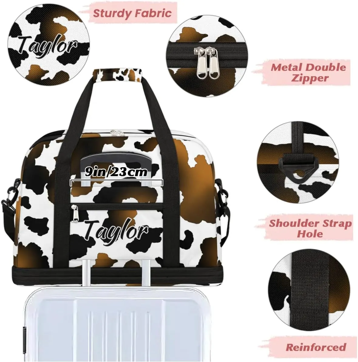 Customized Gym Bag for Women, Personalized Cow Print Travel Duffel Bag with Name, Animal Print Weekender Overnight Bag with Shoes Compartment for Men Travel Yoga