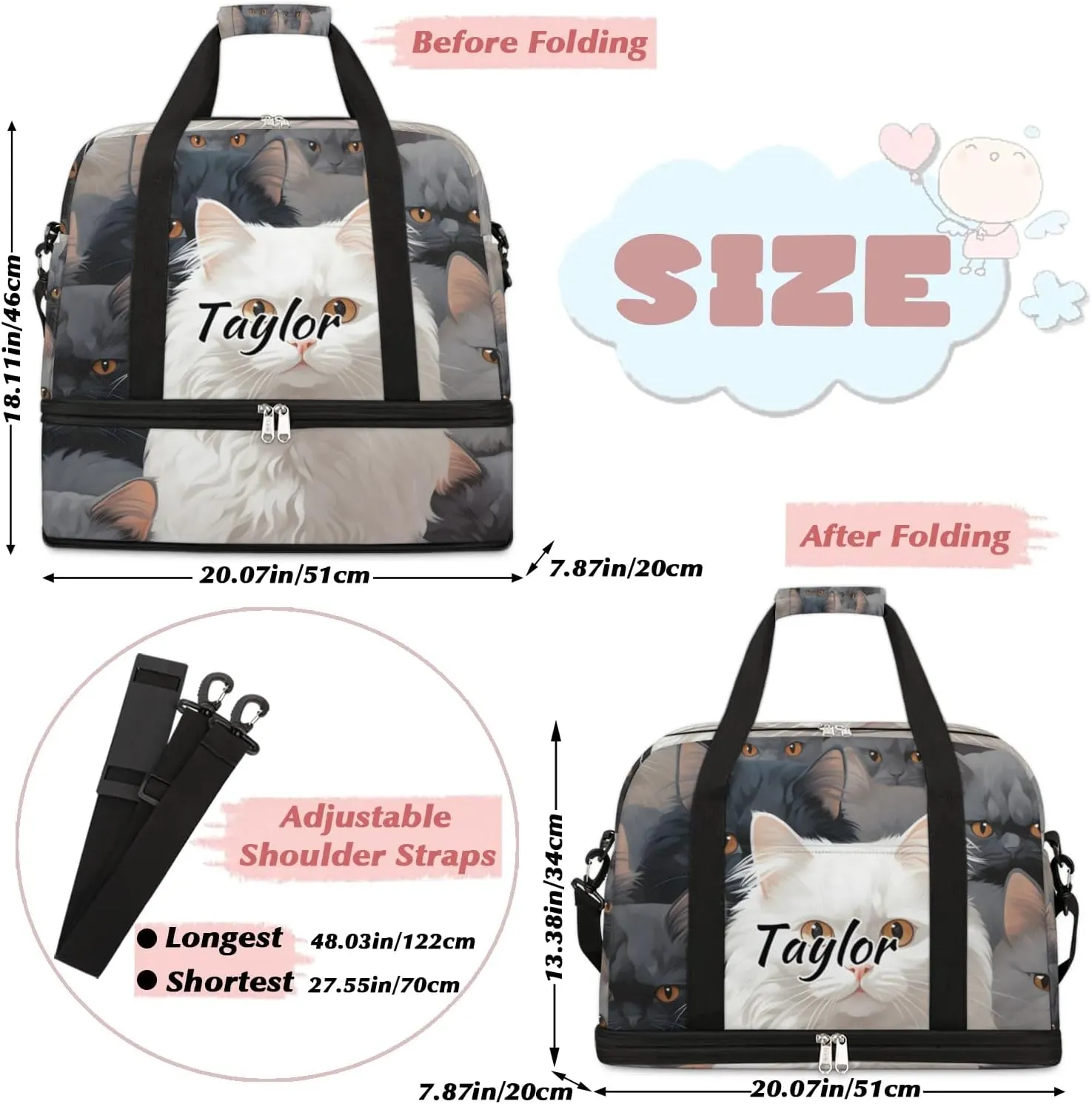 Customized Gym Bag for Women, Personalized Cute Cat Travel Duffel Bag with Name, White Cat Weekender Overnight Bag with Shoes Compartment for Men Travel Yoga