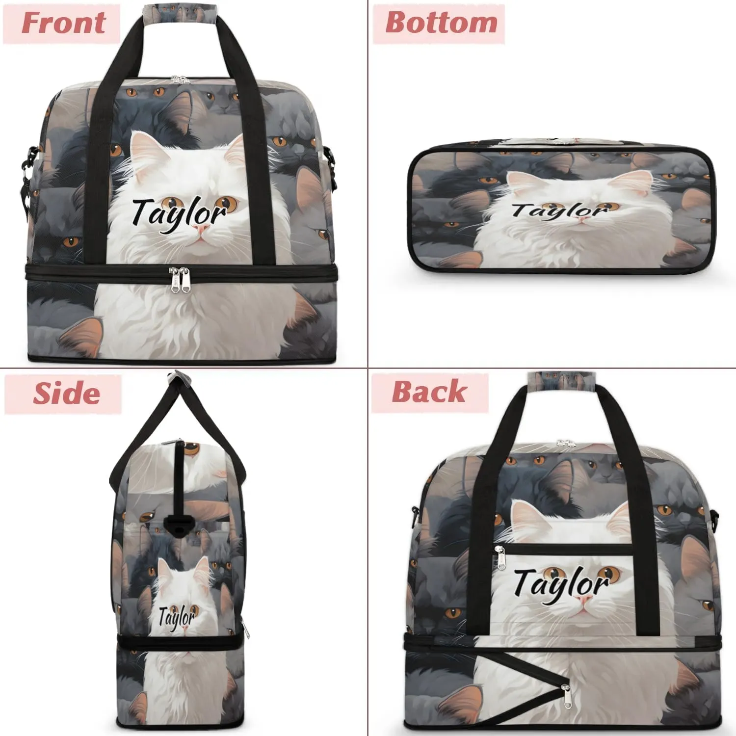 Customized Gym Bag for Women, Personalized Cute Cat Travel Duffel Bag with Name, White Cat Weekender Overnight Bag with Shoes Compartment for Men Travel Yoga