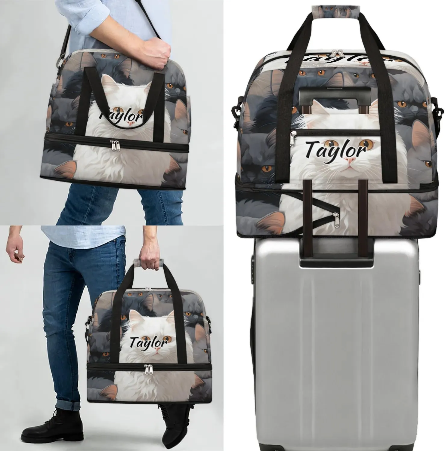 Customized Gym Bag for Women, Personalized Cute Cat Travel Duffel Bag with Name, White Cat Weekender Overnight Bag with Shoes Compartment for Men Travel Yoga