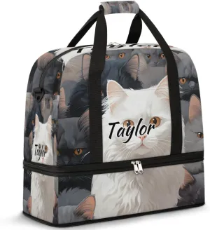 Customized Gym Bag for Women, Personalized Cute Cat Travel Duffel Bag with Name, White Cat Weekender Overnight Bag with Shoes Compartment for Men Travel Yoga