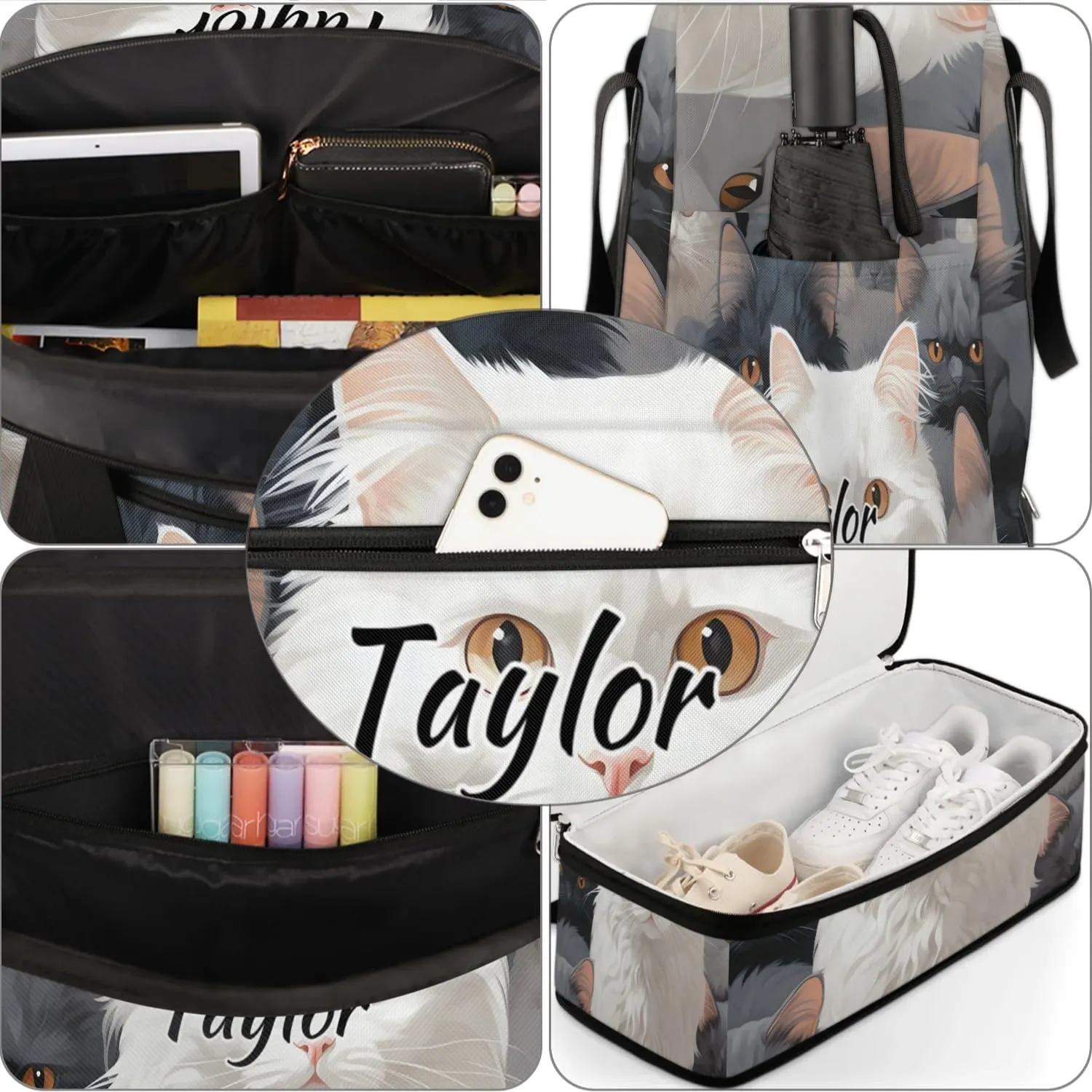 Customized Gym Bag for Women, Personalized Cute Cat Travel Duffel Bag with Name, White Cat Weekender Overnight Bag with Shoes Compartment for Men Travel Yoga