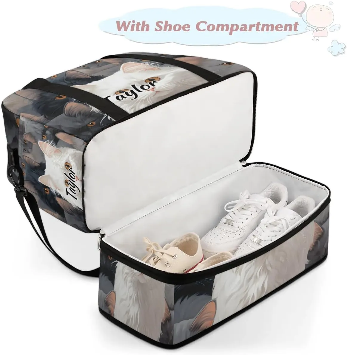 Customized Gym Bag for Women, Personalized Cute Cat Travel Duffel Bag with Name, White Cat Weekender Overnight Bag with Shoes Compartment for Men Travel Yoga