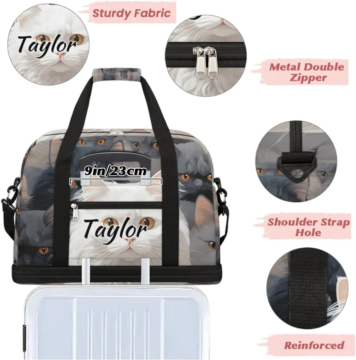 Customized Gym Bag for Women, Personalized Cute Cat Travel Duffel Bag with Name, White Cat Weekender Overnight Bag with Shoes Compartment for Men Travel Yoga