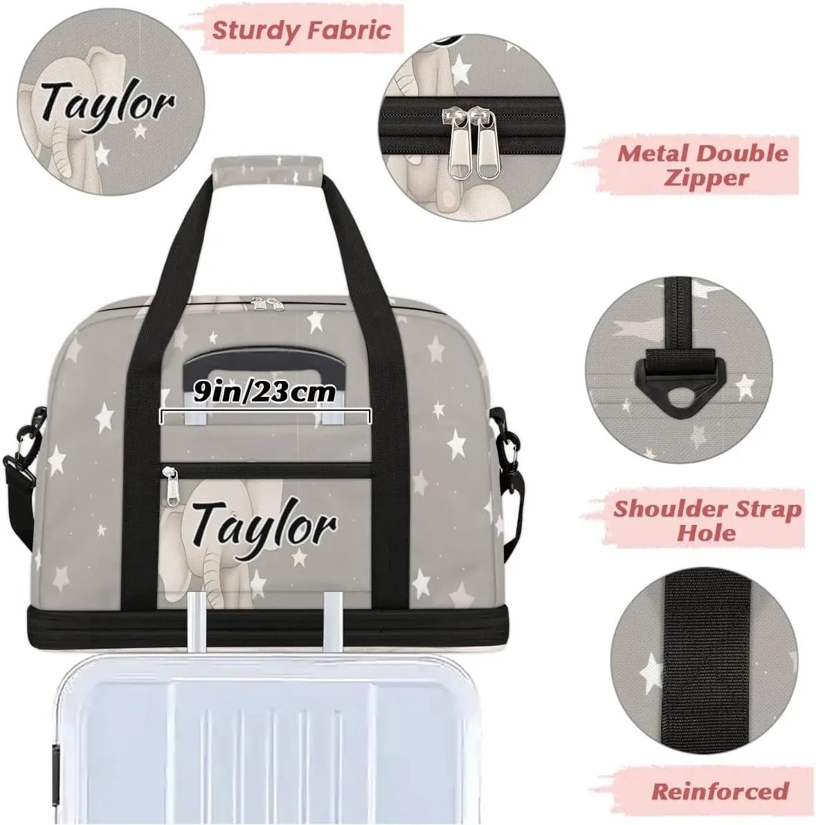 Customized Gym Bag for Women, Personalized Cute Elephant Travel Duffel Bag with Name, Animals Weekender Overnight Bag with Shoes Compartment for Men Travel Yoga