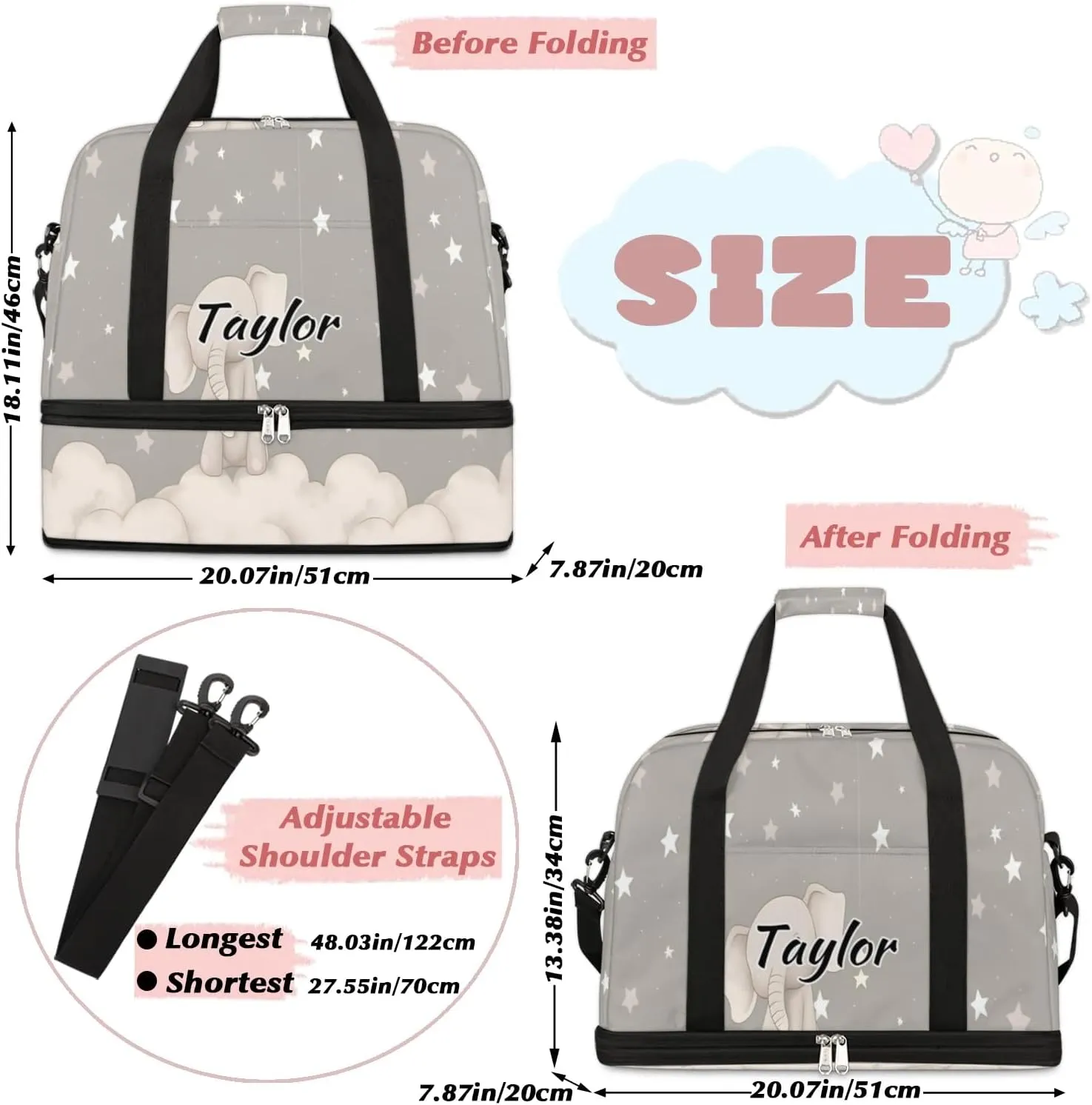 Customized Gym Bag for Women, Personalized Cute Elephant Travel Duffel Bag with Name, Animals Weekender Overnight Bag with Shoes Compartment for Men Travel Yoga
